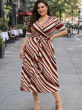 Eloquii Striped Midi Dress Tie Waist Size 14 Plus Red Brown